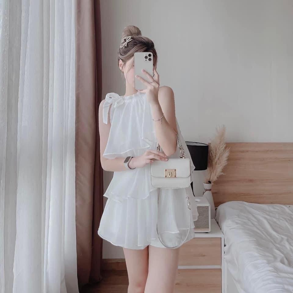 Sét đồ bộ nữ áo chéo lụa họa tiết cổ yếm xếp tầng phồi quần tapda tôn dáng trẻ trung sang trọng thanh lịch Hàn Quốc