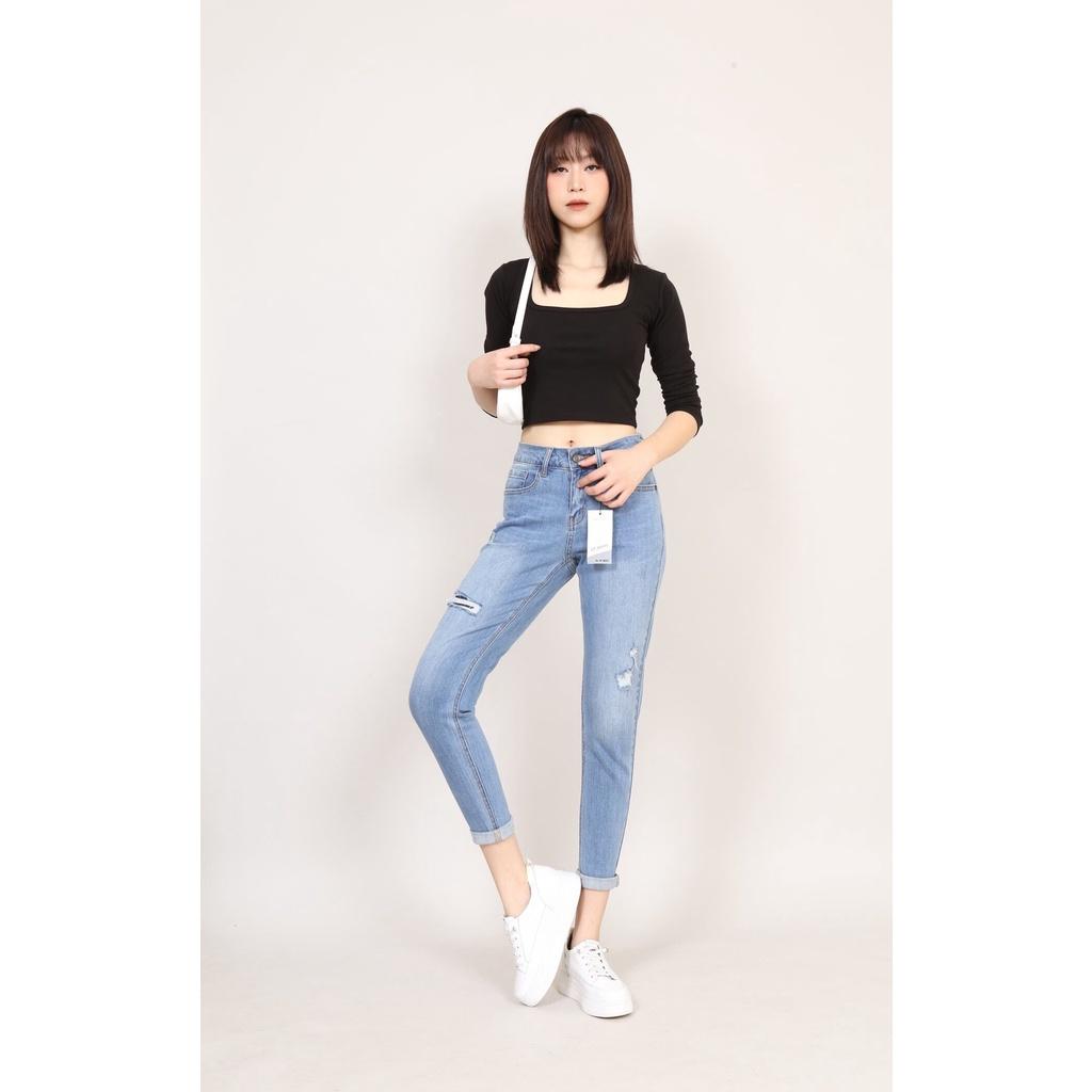 Quần Jean Nữ Boyfriend Baggy Rách Vá 1 Ô Bên Phải Co Dãn Gấu Thường CT JEANS