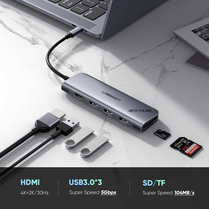 70410 Bộ chuyển đổi 6 trong 1 USB typeC sang HDMI 4K30HZ, 3 USB 3.0, đọc thẻ SD, TF Ugreen - hàng chính hãng