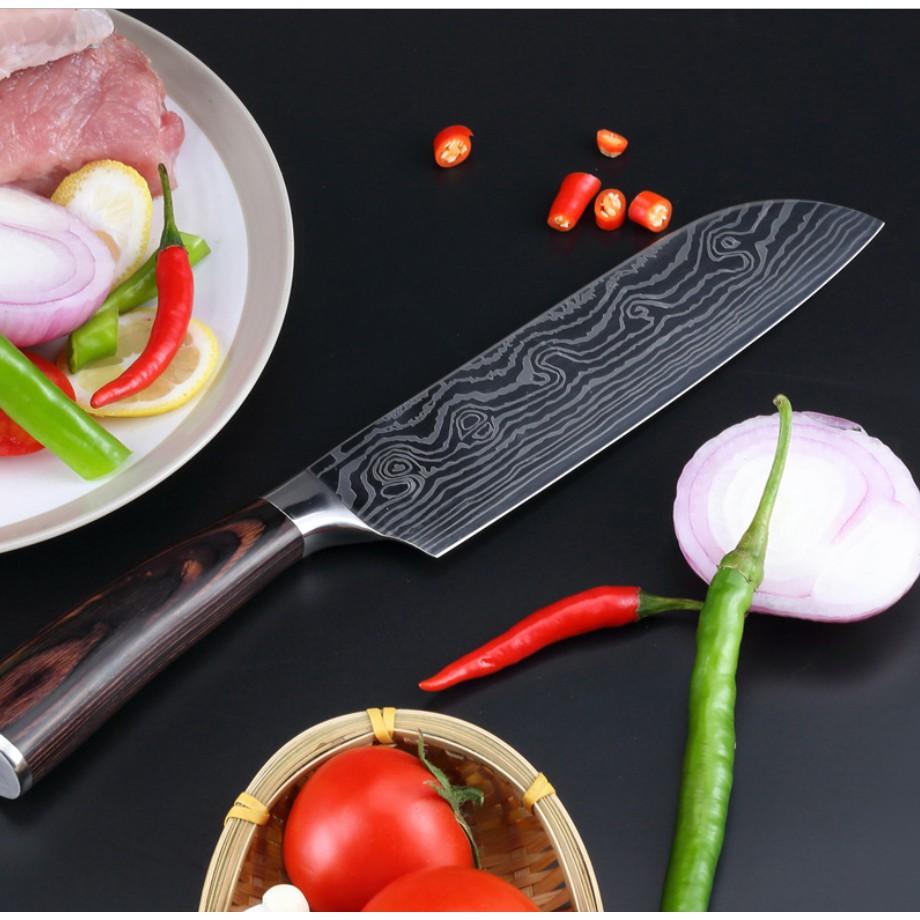 Dao thái đa năng vân thép Dasmacus mũi tù với độ bền cao và tay cầm vân gỗ sang trọng