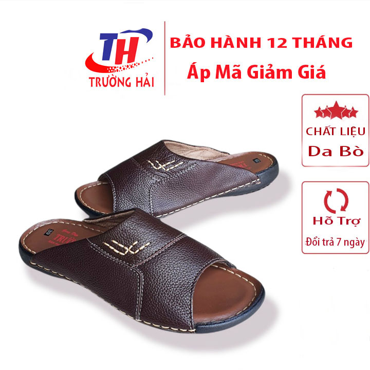 Dép nam da bò quai ngang Trường Hải Màu nâu cao 2.5cm đế cao su không trơn may chắc chắn  DN144 FORM LỚN HƠN 1 SIZE