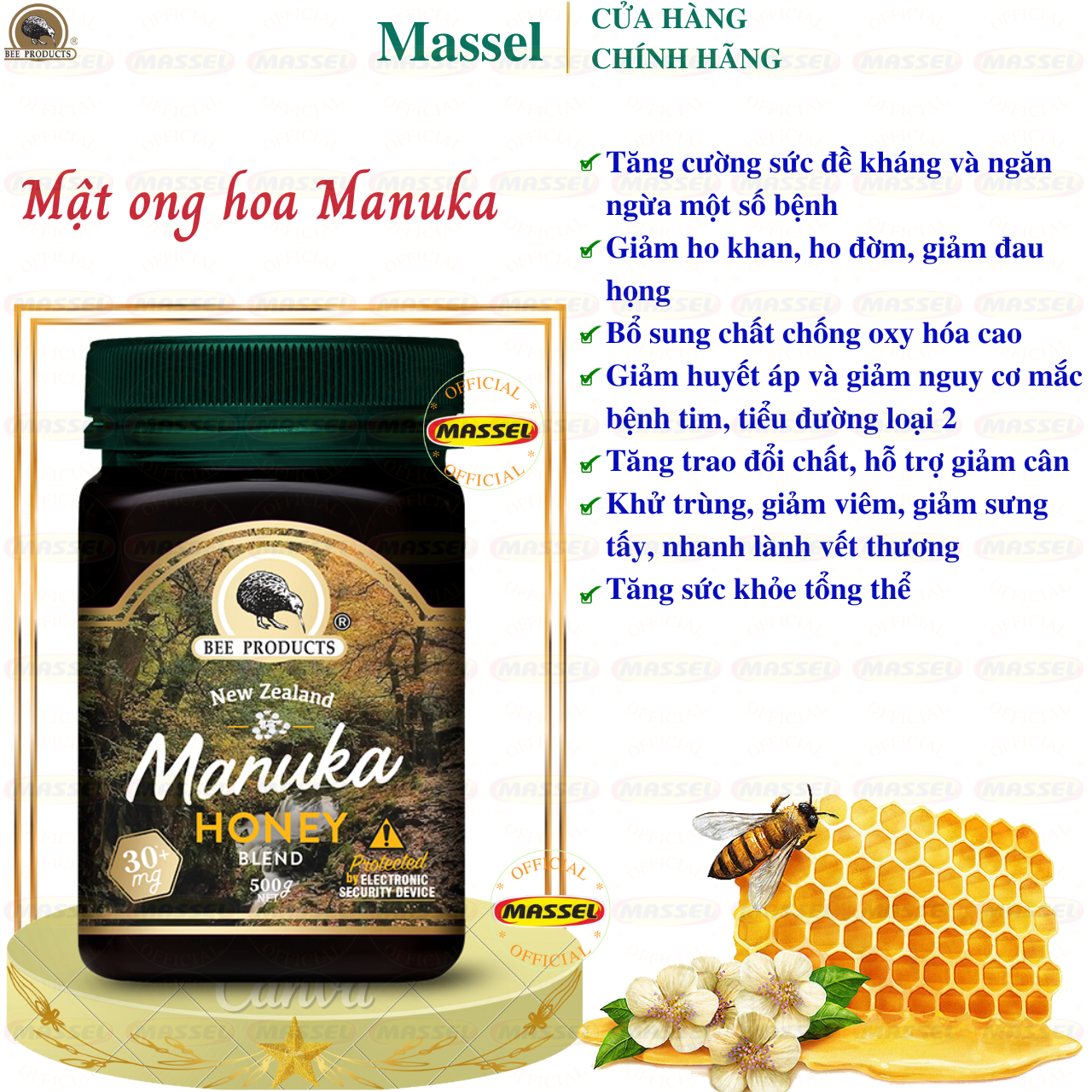 Mật ong hoa Manuka Honey Blend 30+ MG Beeproducts tăng sức đề kháng, giảm ho, viên họng, dưỡng ẩm da và môi cang bóng mịn màng- Massel Official