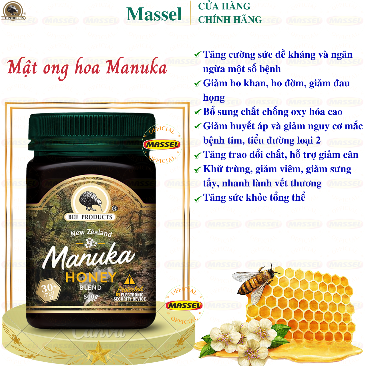 Mật ong hoa Manuka Honey Blend 30+ MG Beeproducts tăng sức đề kháng, giảm ho, viên họng, dưỡng ẩm da và môi cang bóng mịn màng- Massel Official (500gr)