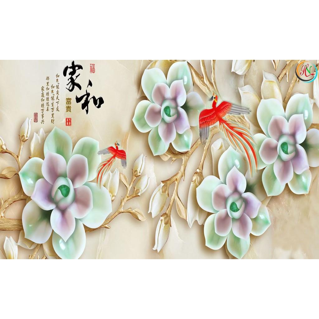 Tranh dán tường HOA 3D - vải lụa phủ kim sa