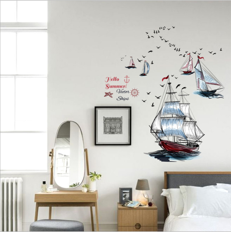 Decal dán tường trang trí nhà cửa sáng tạo tranh Thuyền buồm ra khơi đủ màu 3 (98 x 87 cm)