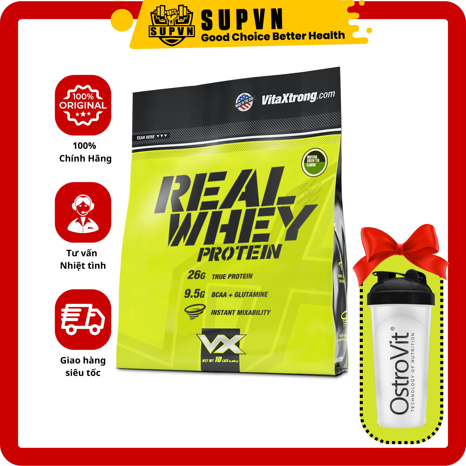 Vitaxtrong - 100 Real Whey Protein 10 Lbs - Tặng Bình Lắc Ngẫu Nhiên - Matcha Greentea - Ko Bình