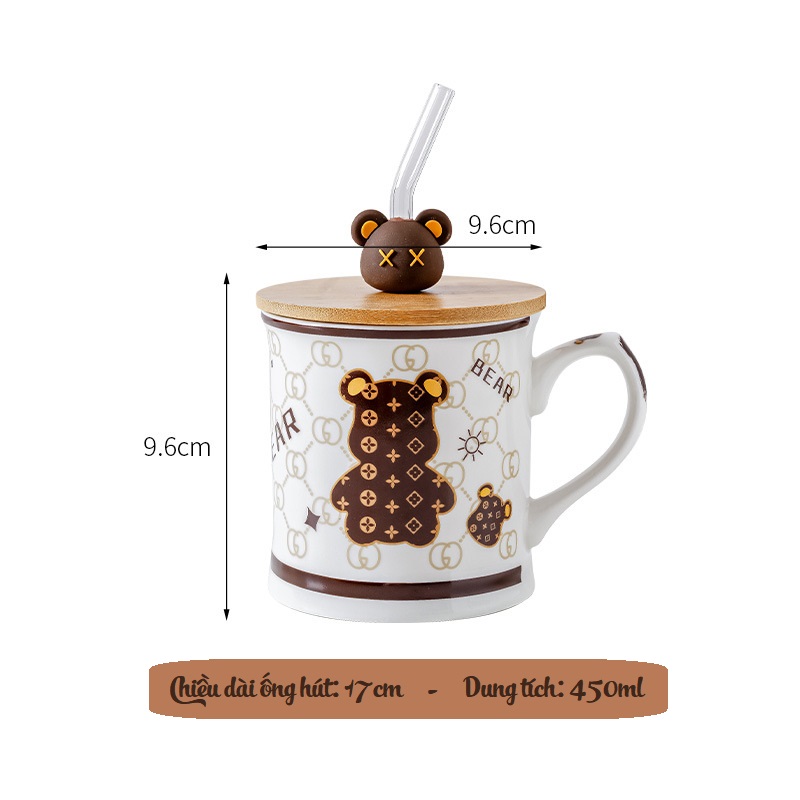 Ly gốm sứ hình Bearbrik có nắp gỗ và ống hút thủy tinh