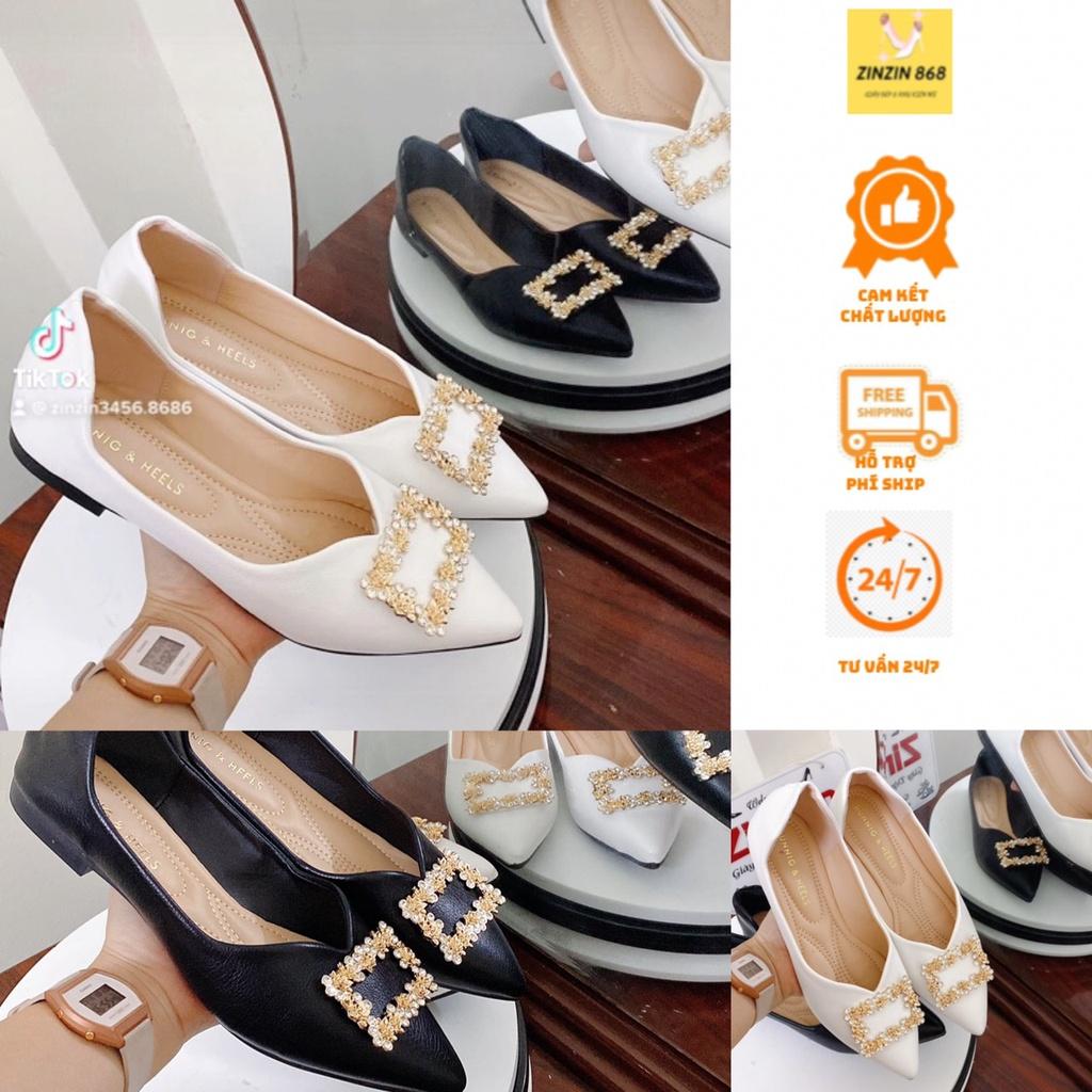 Giày búp bê nữ mũi nhọn nơ đá hoa trà đế bệt có trần chỉ lót trong ZINZIN868 size 35-39 ( mũi nhọn đá vuông