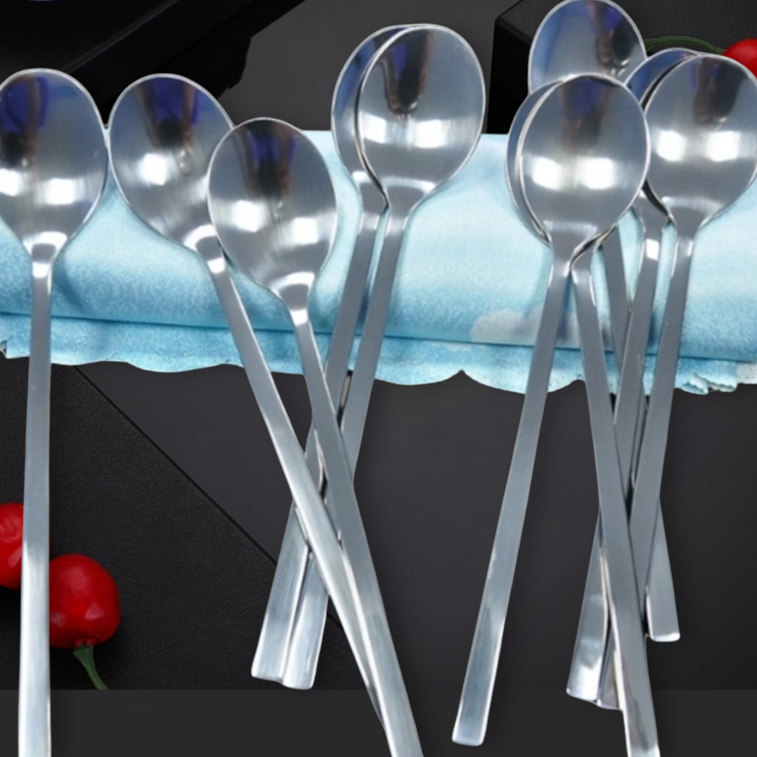 Combo bộ 10 muỗng/thìa ăn style Hàn Quốc, cán dài, inox