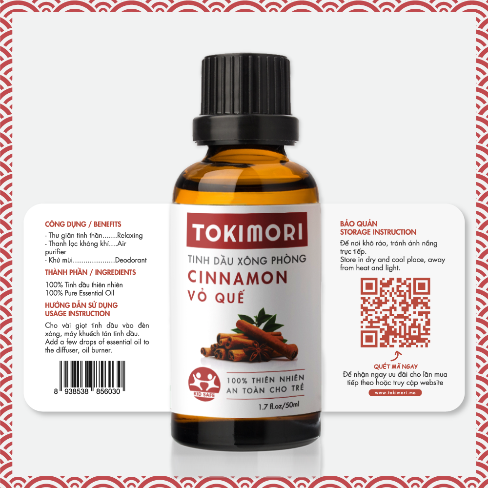 Tinh Dầu Vỏ Quế TOKI MORI Xuất Khẩu Nhật Bản Nguyên Chất Thiên Nhiên, Xông Phòng, Khử Mùi, Kháng Khuẩn, Đuổi Muỗi, Ngủ Ngon, Giảm Stress, An Toàn Cho Trẻ.
