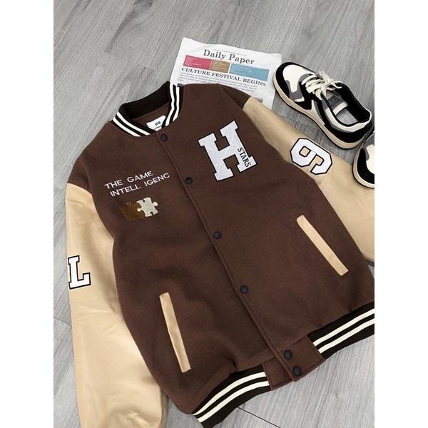 Bomber dạ phối tay da bomber nam có thêu chữ H