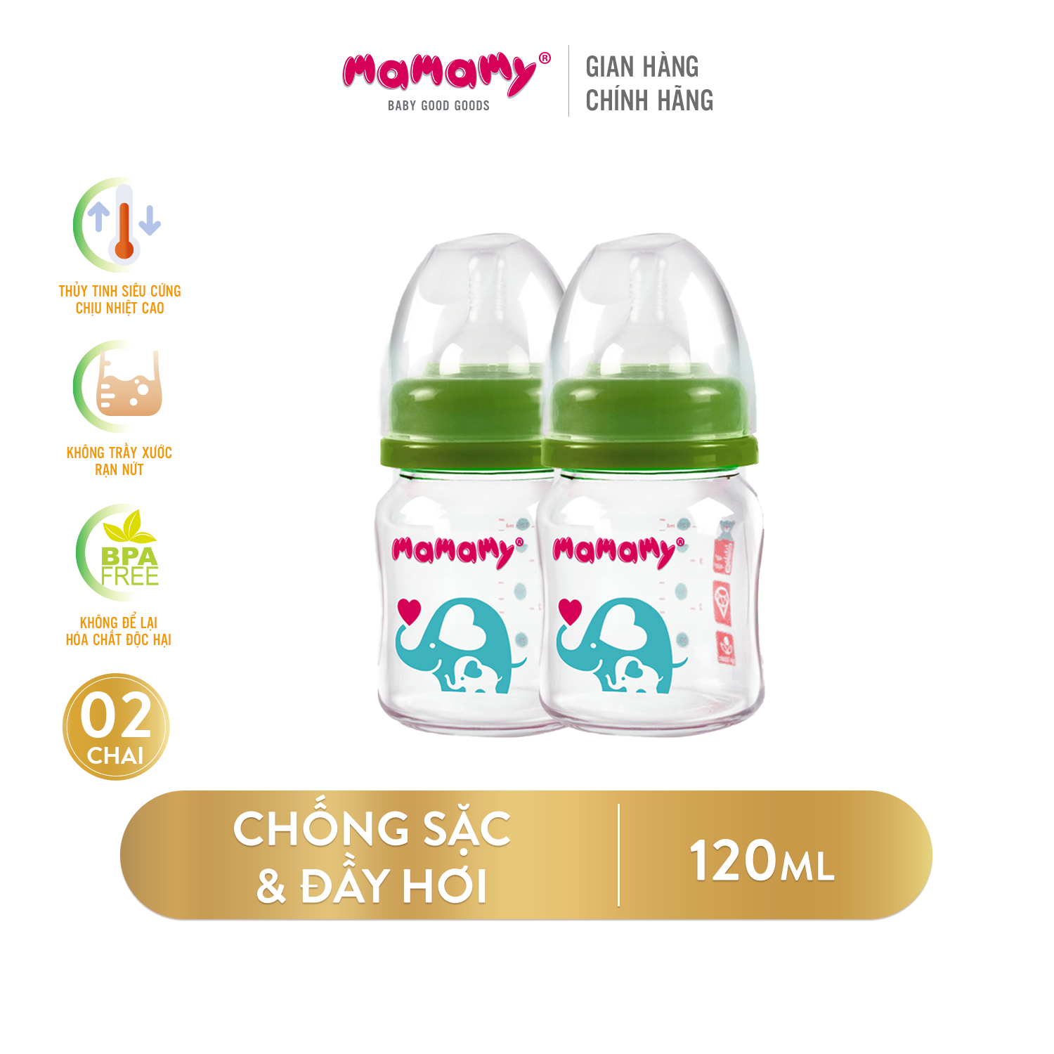 Combo 2 bình sữa Mamamy 120ml/chai chống sặc, chống đầy hơi an toàn cho bé (Nhiều size