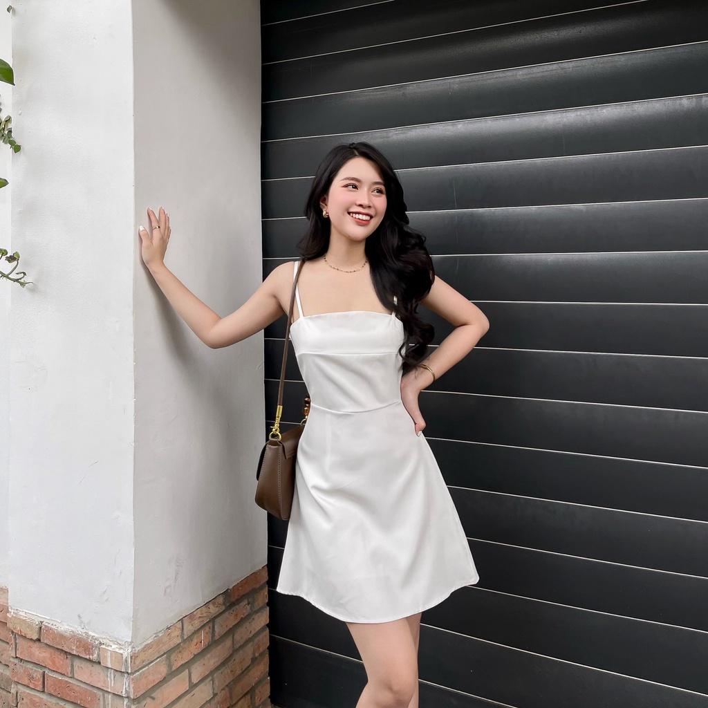 Đầm trơn 2 dây trắng và đen