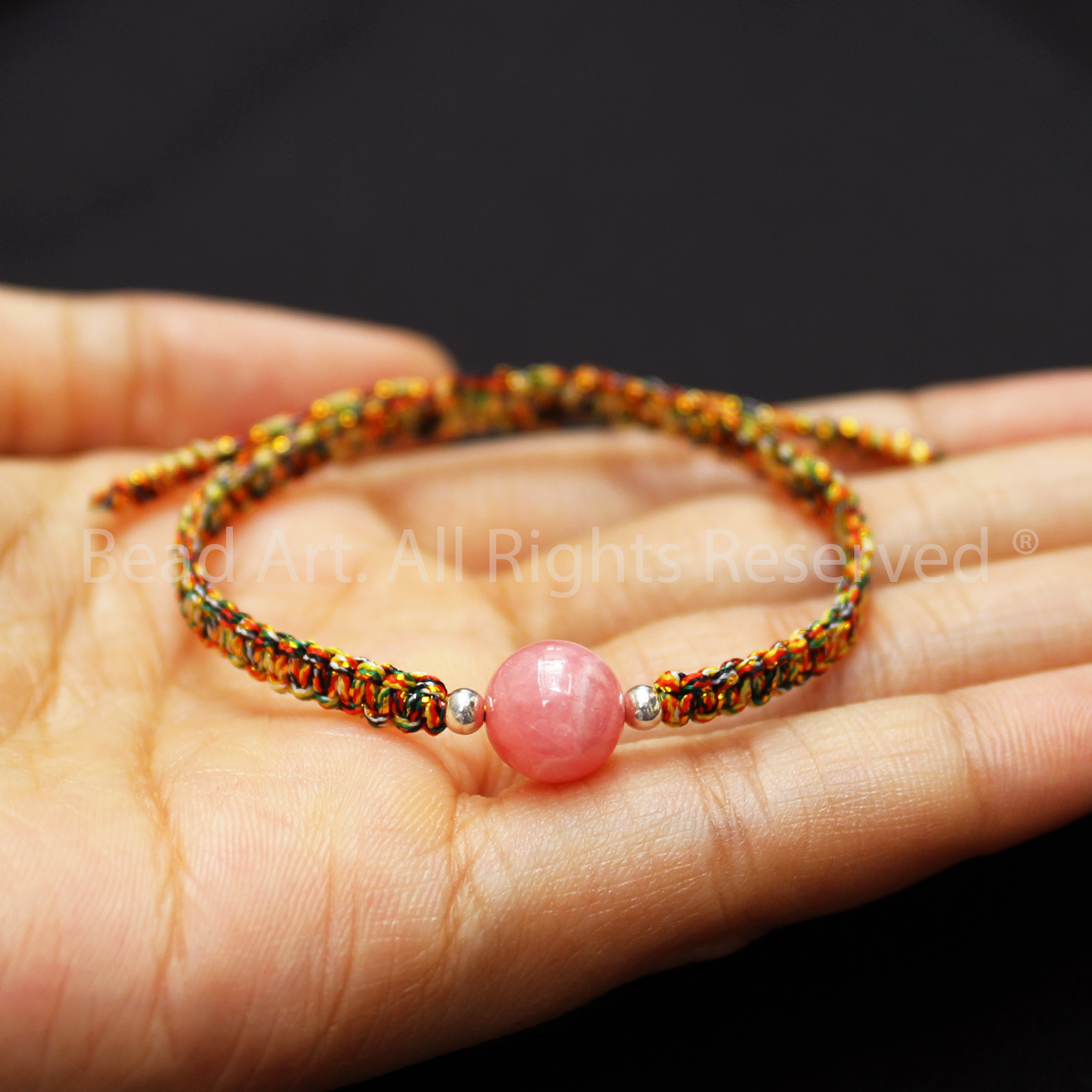 Vòng Tay Thắt Dây Ngũ Sắc Đá Đào Hoa Màu Hồng 9MM, Rhodochrosite Tự Nhiên Loại AA, Mệnh Hoả, Thổ, Vòng Tay Phong Thuỷ, Chuỗi Hạt - Bead Art
