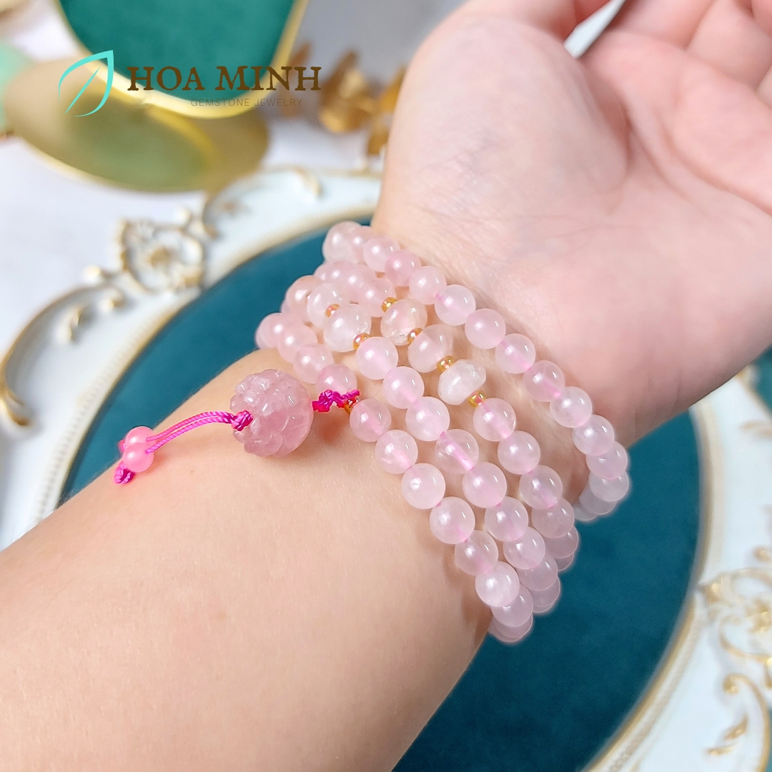 Vòng tay chuỗi 108 hạt Thạch Anh Hồng size 6 li phối hạt bánh xe, charm hoa sen đá thạch anh hồng cho phong thủy mệnh Hỏa, Thổ