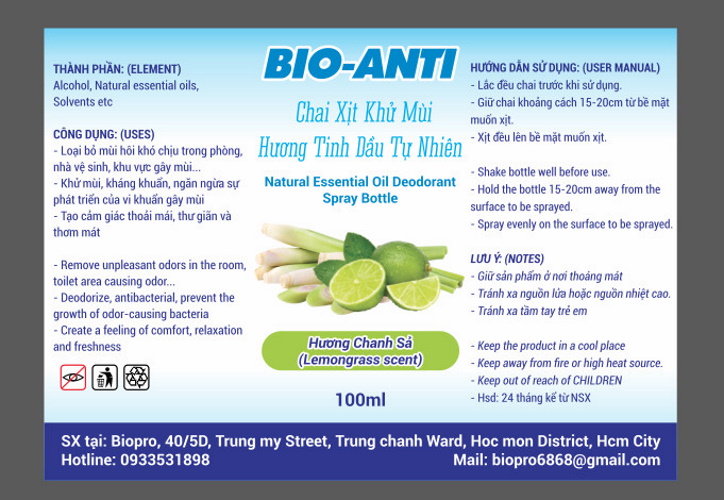 Chai 100ml. Chai xịt khử mùi hương tinh dầu tự nhiên BIO-ANTI loại bỏ mùi hôi, kháng khuẩn, thư giãn, thơm mát