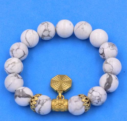 Chuỗi vòng tay Đá White Howlite 12 ly - Vòng tay Bát Quái inox vàng VHWLBQHKV12 - hợp mệnh Kim, mệnh Thủy