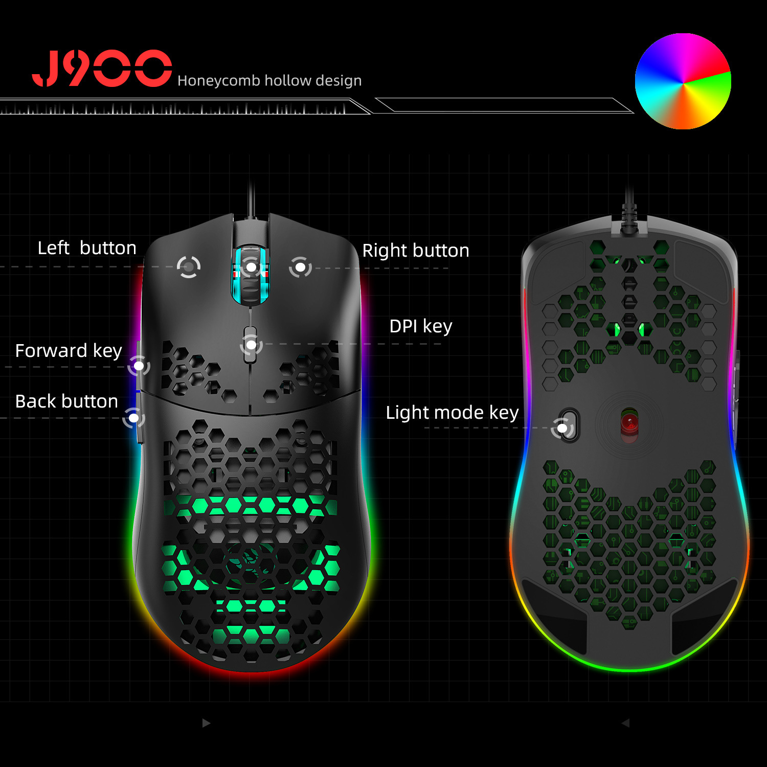 Chuột Quang MACRO HXJS J900 RGB Bề Mặt Lưới Xuyên Thấu Cực Đẹp DPI 6400 - Hàng chính hãng