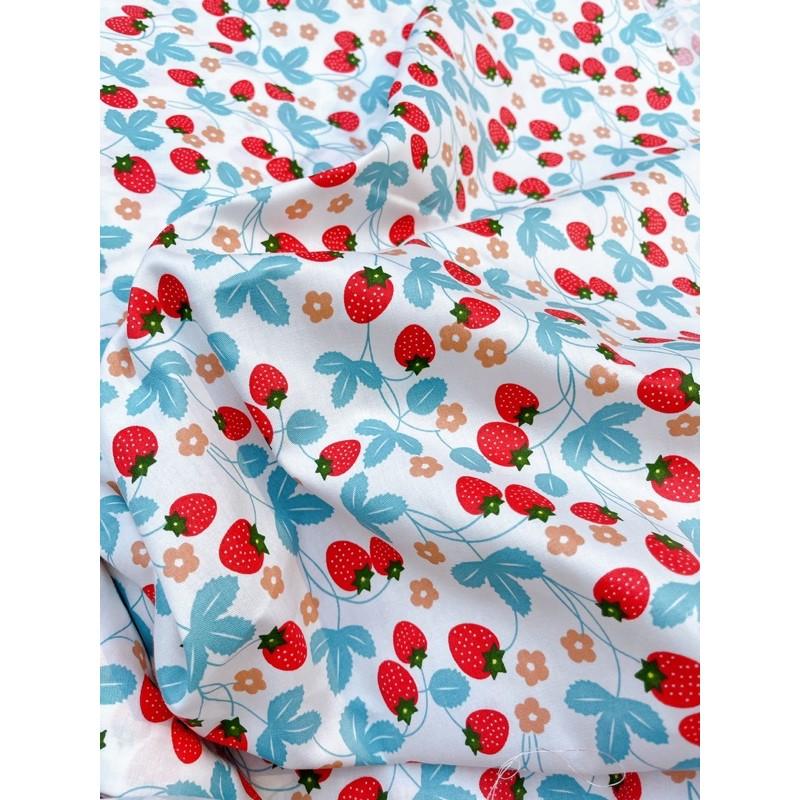 Vải thô lụa hình quả dâu tây 100% cotton mềm mát may ga gối