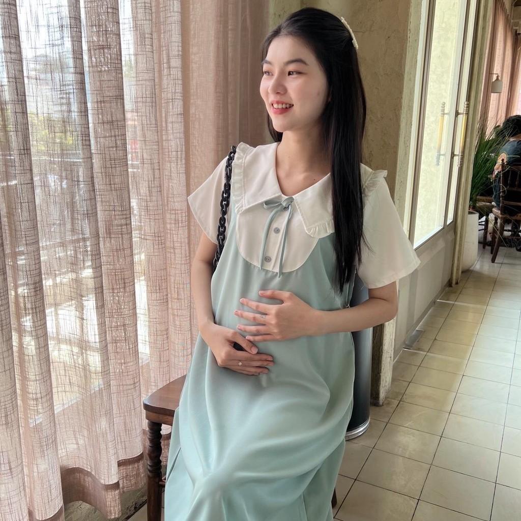Đầm bầu giả yếm cổ sen bèo form suông công sở cotton lạnh mặc mát mẻ, trẻ trung - Hồng
