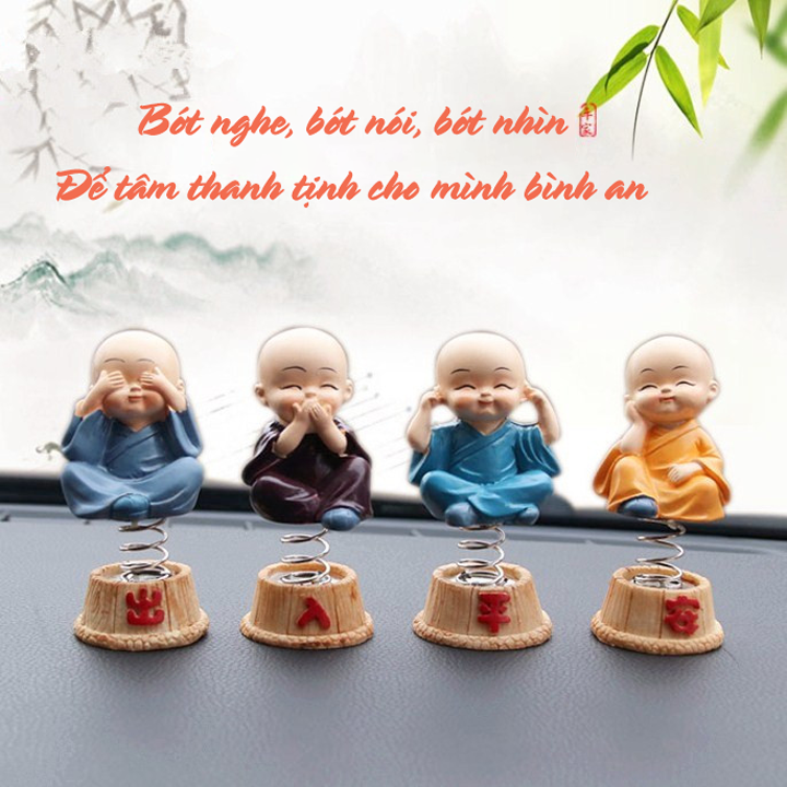 Bộ 4 tượng chú tiểu tứ không trang trí taplo ô tô xe hơi đế lò xo
