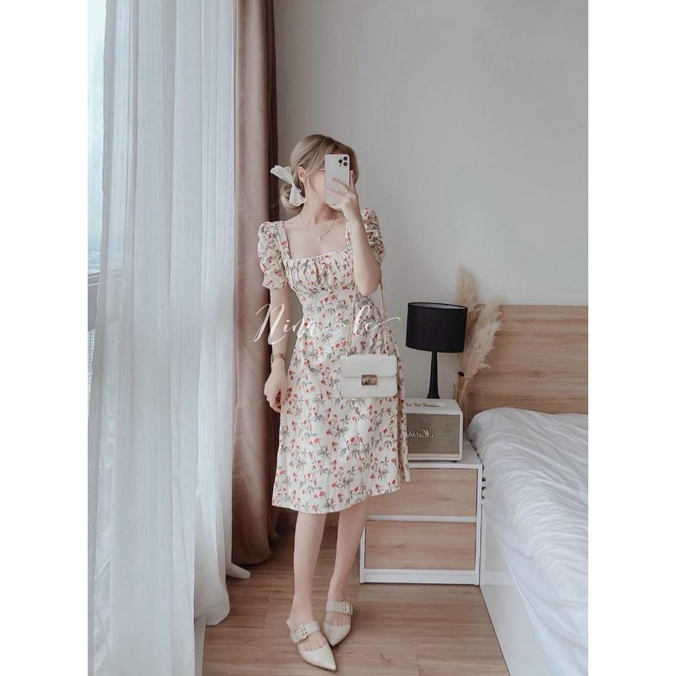 Đầm xoè lụa hoa cổ vuông tay nhún xếp ly ngực xinh xắn