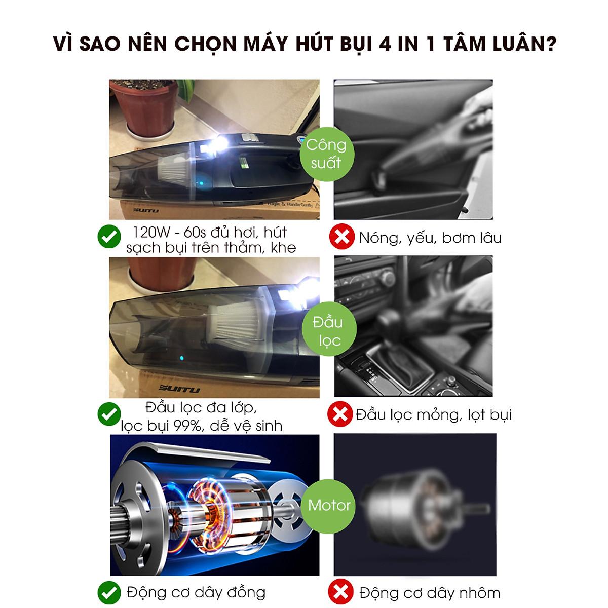 Máy hút bụi kèm máy bơm lốp ô tô máy bơm lốp ô tô 12V có đèn pin