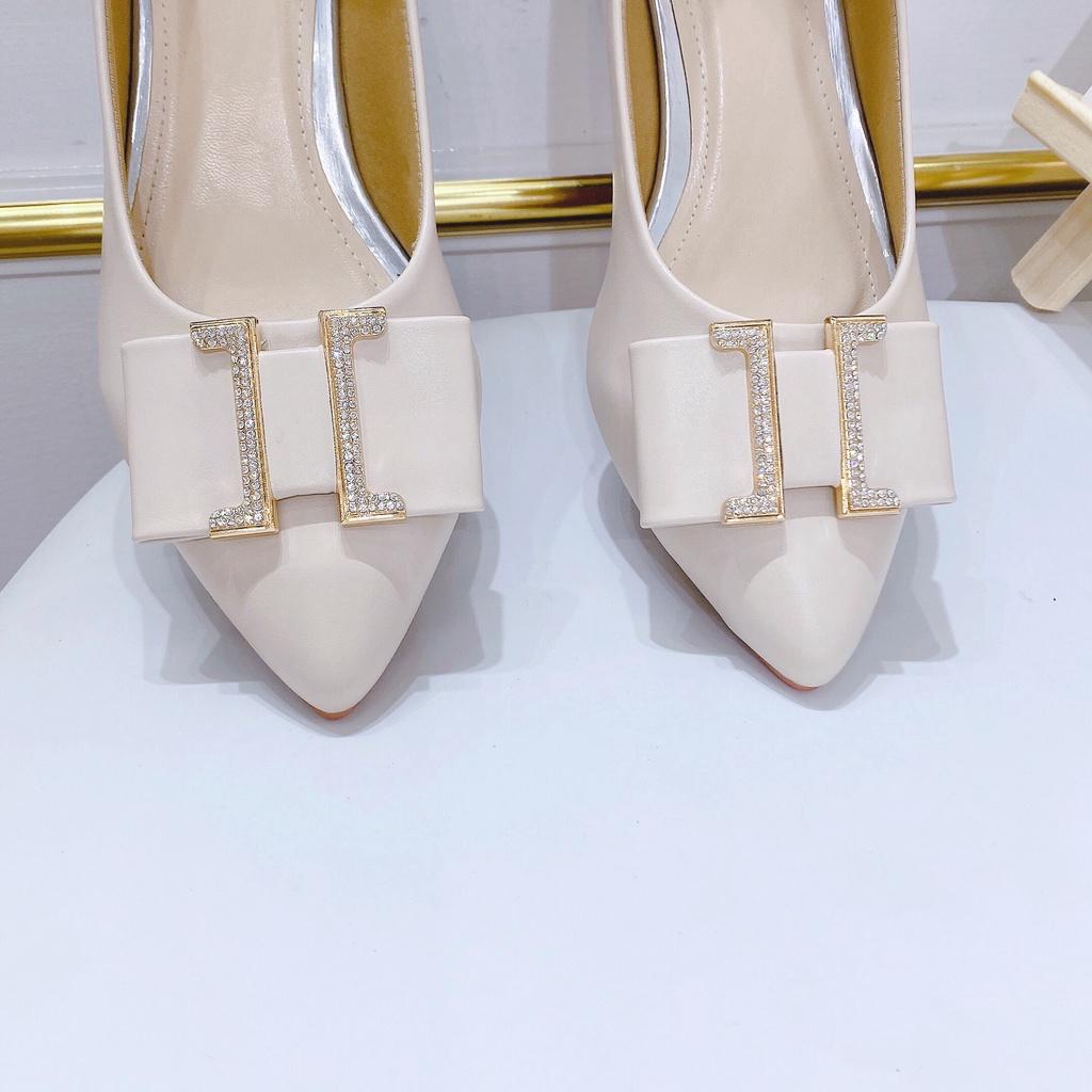 Giày Cao Gót Nữ Mũi Nhọn  gót vuông cao 3p khóa chữ H nữ tính