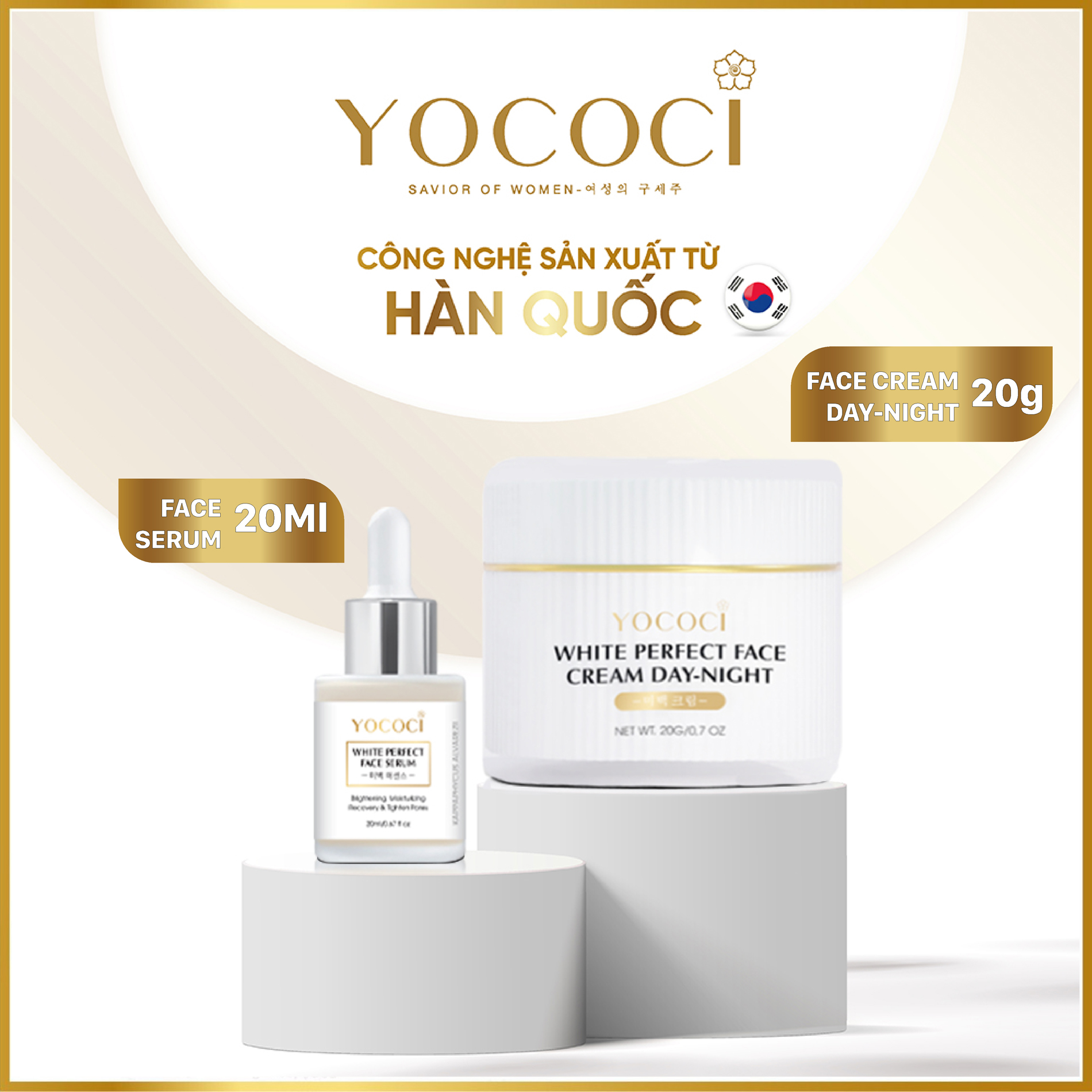 Bộ siêu dưỡng trắng da mặt Yococi kết hợp ngày đêm giúp da sáng mịn, căng bóng bảo vệ tuyệt đối an toàn cho da gồm 1 kem face 20g + 1 serum dưỡng da 20ml