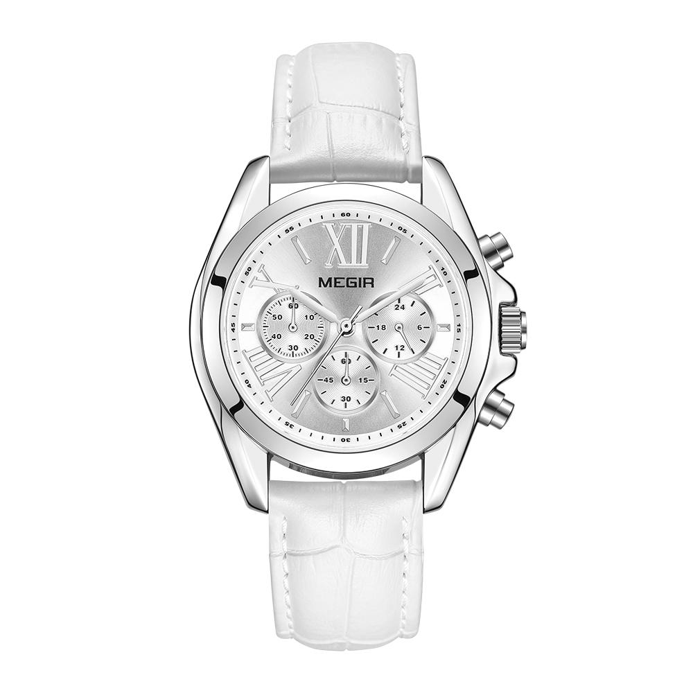 Đồng hồ đeo tay nữ MEGIR dây đeo bằng da, ba mặt số, chống nước
