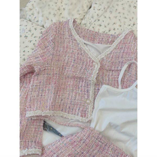 set dạ 3 món hồng áo 2 dây trong kèm khoác crop phối chân váy ngắn mẫu nina lê