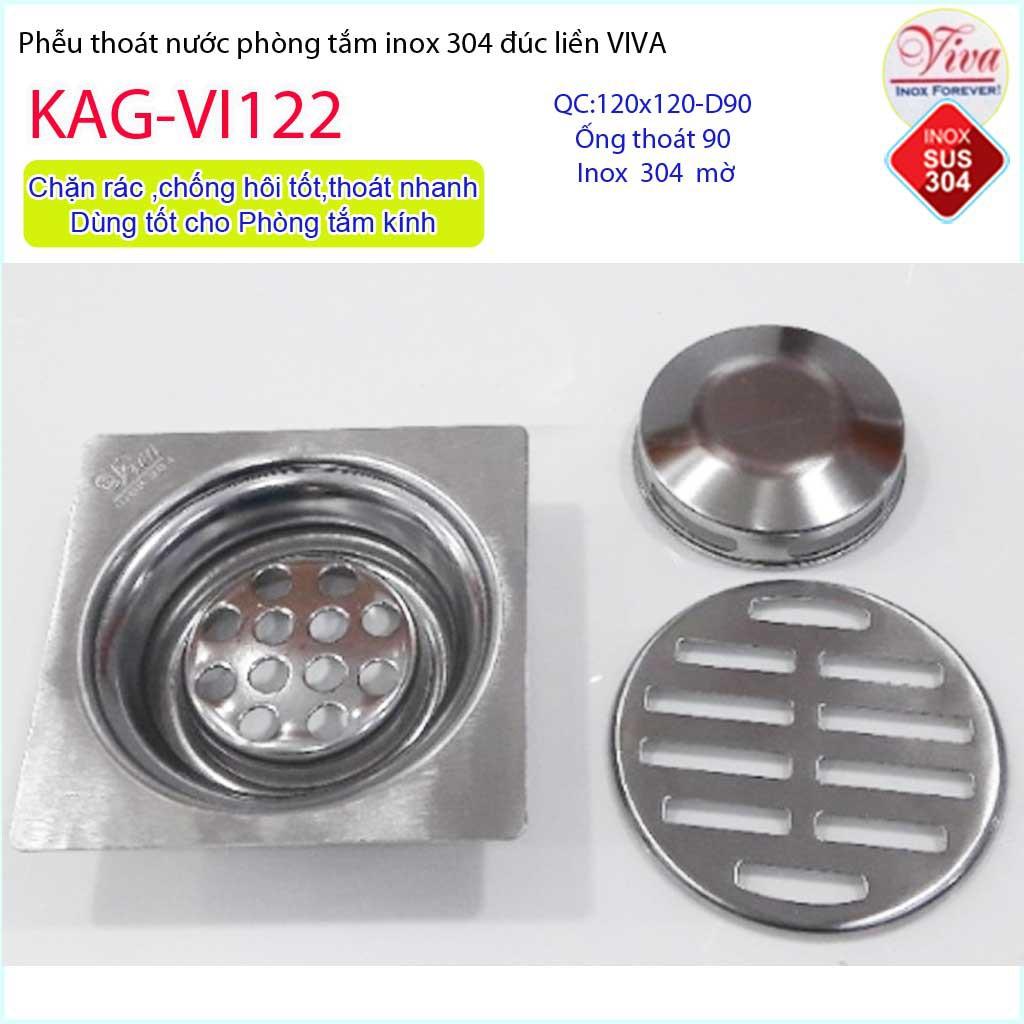 Phễu thoát sàn Viva 12x12 cm KAG-VI122 ống thoát 90mm chống mùi hôi inox 304, thoát sàn inox đúc dày thoát nước nhanh ch