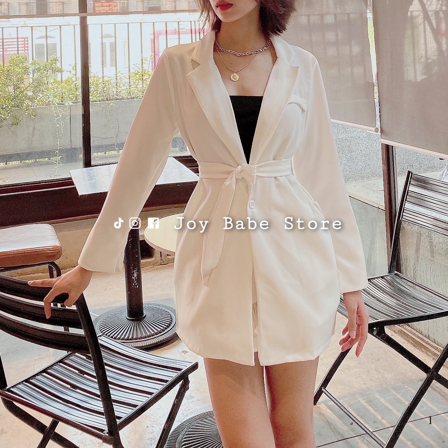 Áo vest kèm thắt lưng sang chảnh JOY BABE  mix nhiều kiểu như blazer nữ giả đầm thắt eo trắng đen giấu quần VEST 1 -9A