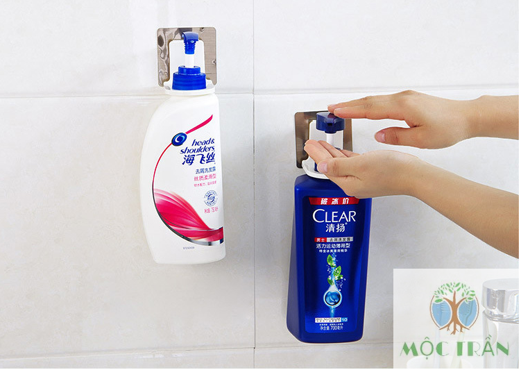 MÓC DÁN TƯỜNG TREO BÌNH NƯỚC RỬA TAY, DẦU GỘI, SỮA TẮM CÓ VÒI XỊT SIÊU CHẮC