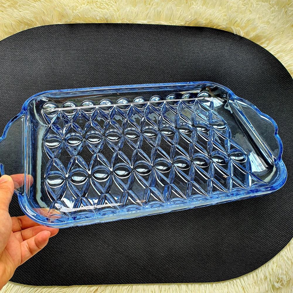 Dĩa Thủy Tinh Đẹp Dài Để Ly/Cốc Hình Chữ Nhật, Khay Đựng Trái Cây, Bánh Mứt Thủy Tinh Cao Cấp Màu Xanh