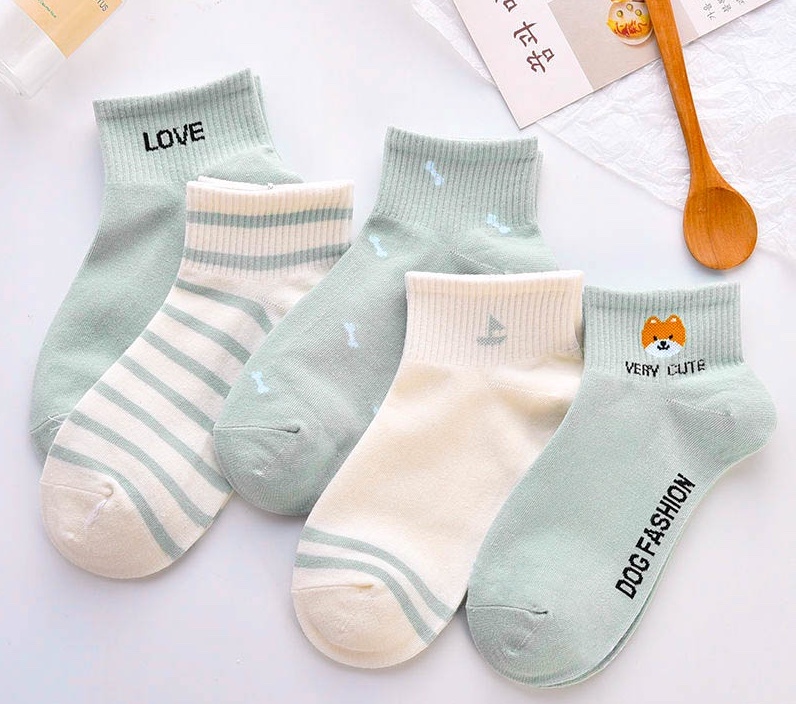 Tất nữ vớ nữ cổ ngắn set 5 đôi họa tiết cute dễ thương kèm túi - màu cáo xanh lá