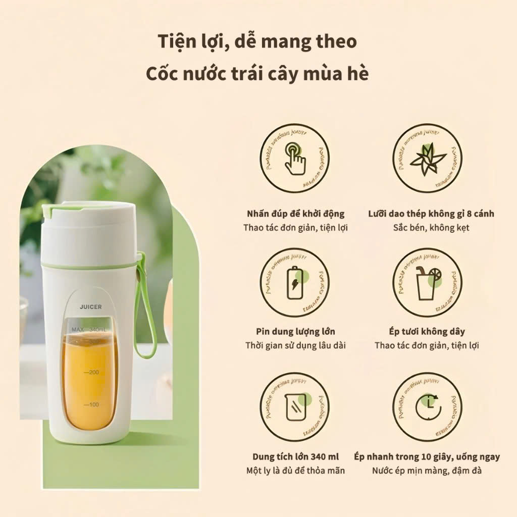Máy Xay Sinh Tố Cầm Tay Mini 340ml Pin Sạc 4000mAh Type-C 8 Lưỡi Nghiền Đá Cốc Xay Hoa Quả Du Lịch - HÀNG CHÍNH HÃNG MINIIN