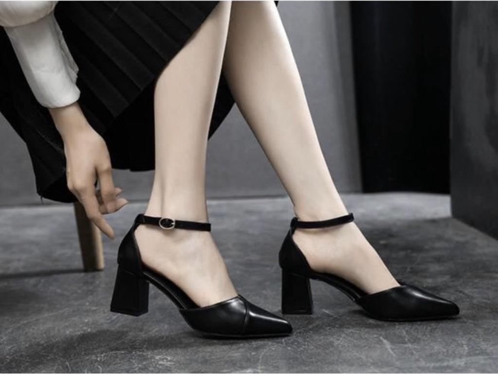 GC51_Giày cao gót nữ da mềm đế vuông 5p vạt chéo siêu xinh