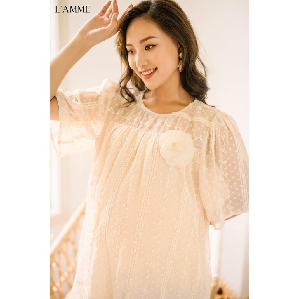 Váy bầu công sở dáng suông thiết kế chất ren mùa hè 2 lớp freesize 45-68kg maternity dress