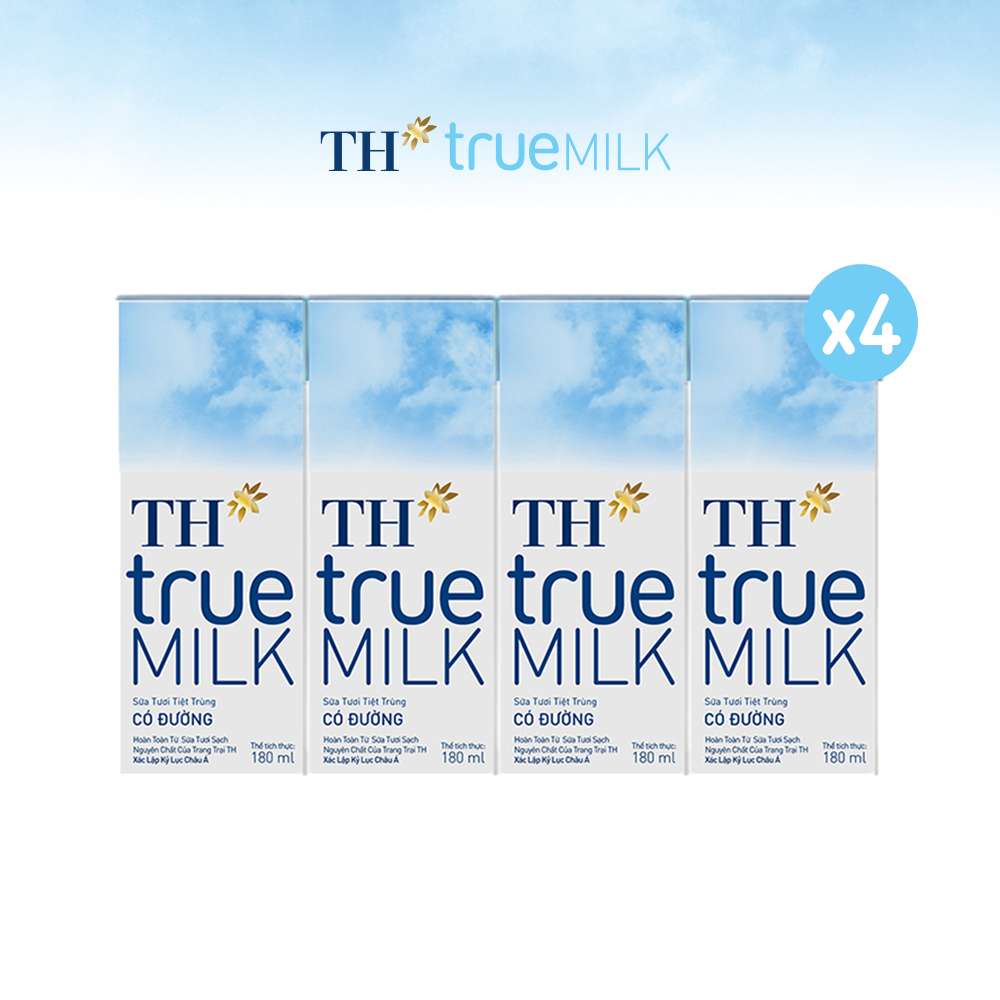 4 Lốc sữa tươi tiệt trùng có đường TH True Milk 180ml (180ml x 4 hộp)