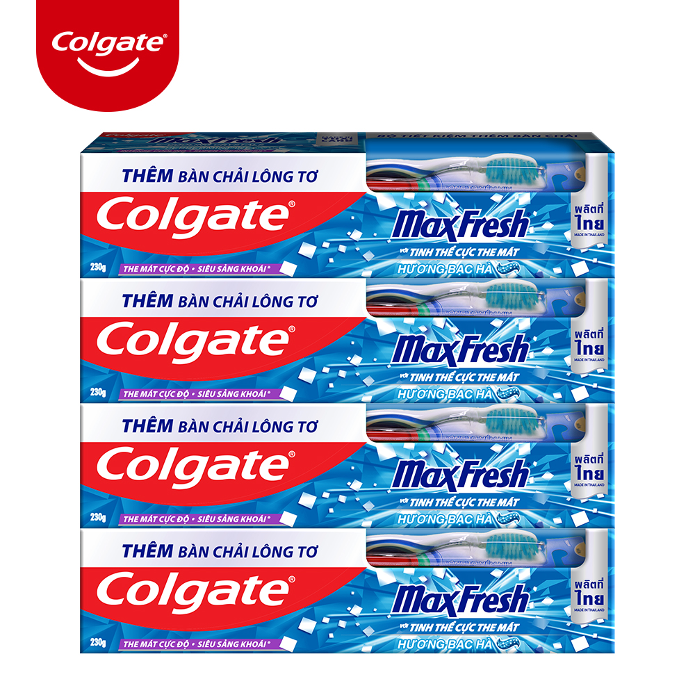 Bộ 4 Kem đánh răng Colgate bạc hà the mát Maxfresh 230g/tuýp tặng bàn chải đánh răng lông mềm