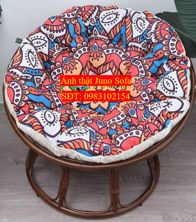 Ghế mặt trăng Papasan mây thật cao cấp Juno Sofa size 1m, Nệm hoa văn Indochine