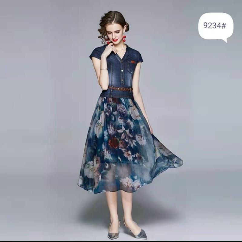 Đầm xòe denim phối vol lụa tơ .Size MLXL