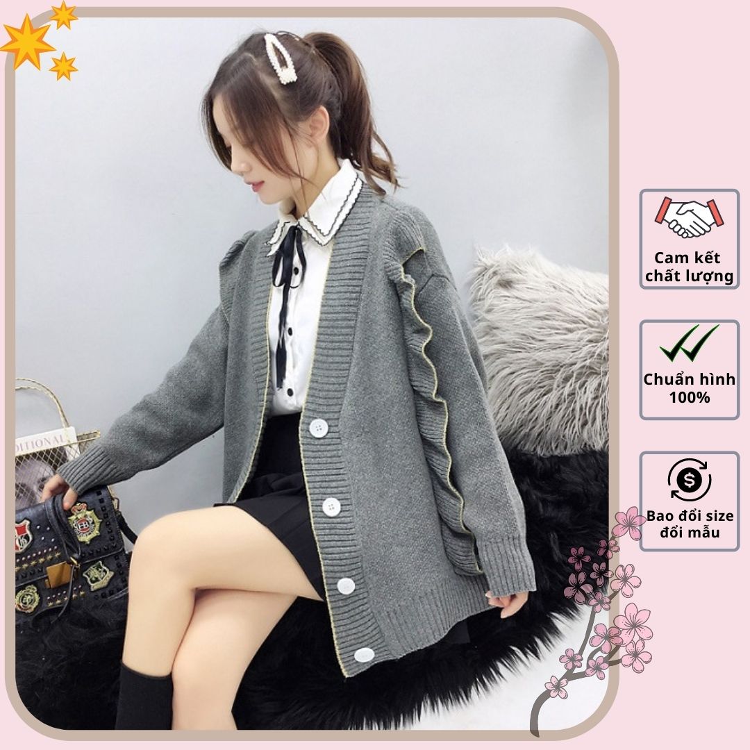 Hàng Quảng Châu - Áo khoác len cardigan phom rộng hàn quốc phối bèo ulzzang - DL51200