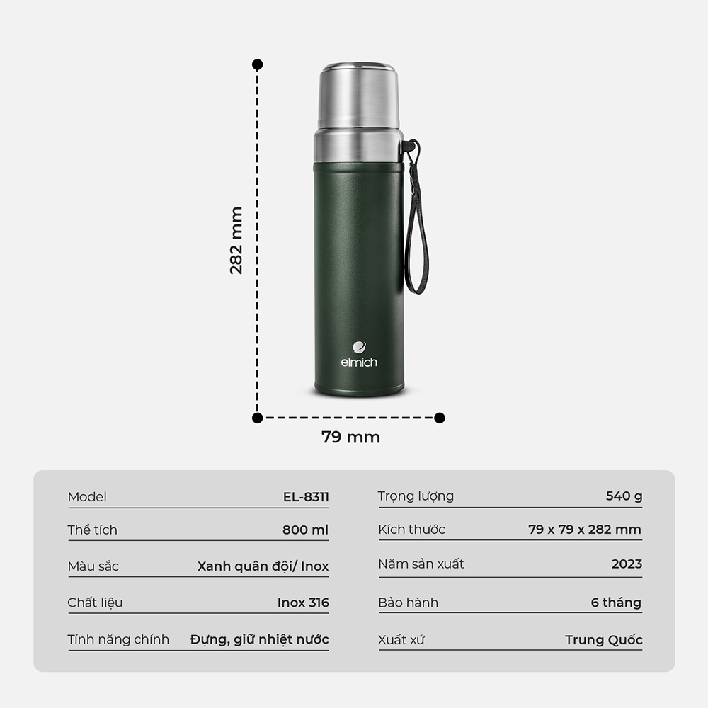 Bình giữ nhiệt inox 316 Elmich EL8311 800ml, Hàng chính hãng, thiết kế 2 nắp, miệng bình rộng, giữ nóng lạnh - JoyMall