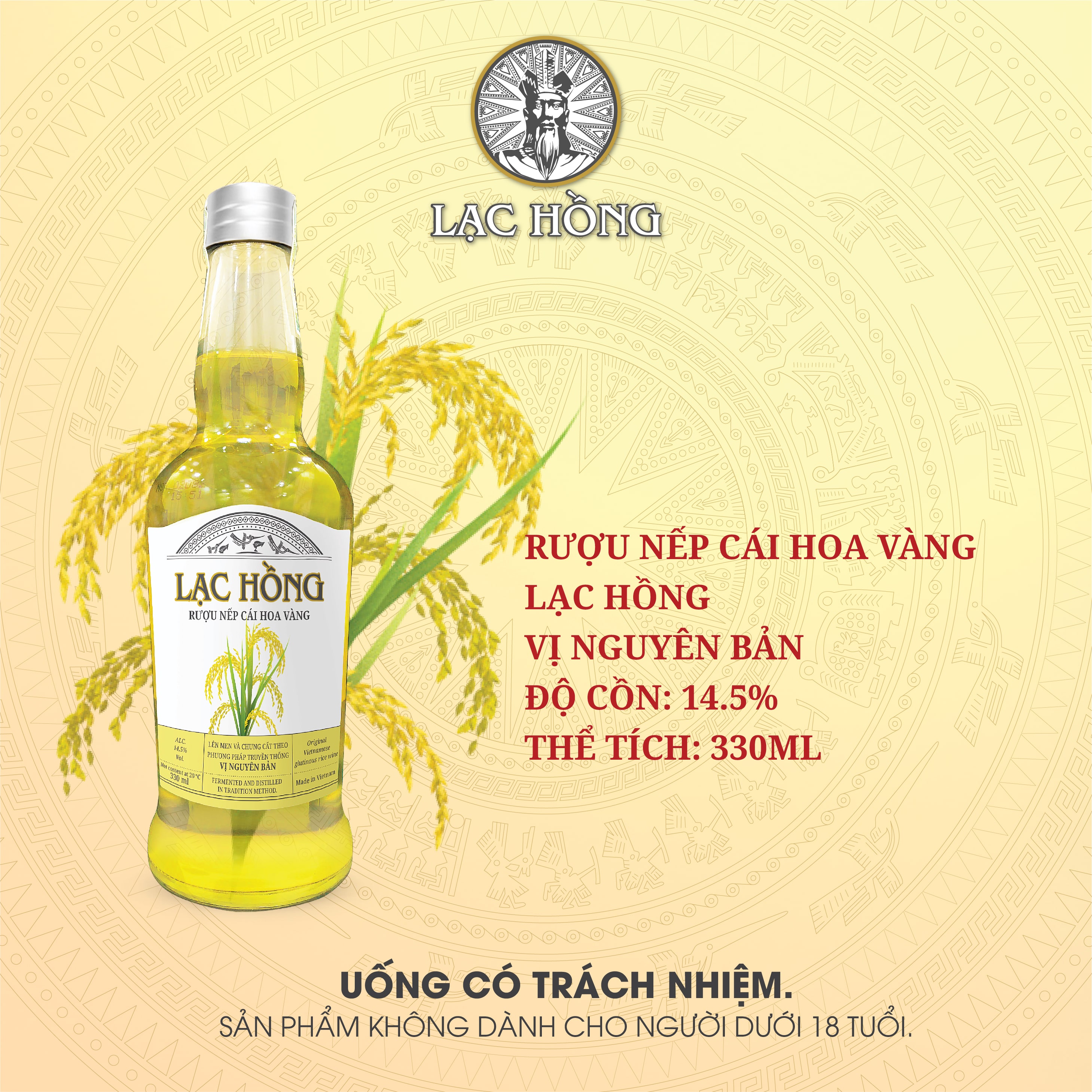 Rượu Nếp Cái Hoa Vàng Lạc Hồng vị nguyên bản chưng cất theo phương pháp truyền thống 330ml