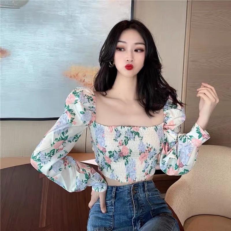 Áo croptop hoa lụa thắt nơ ngực sexy 2021