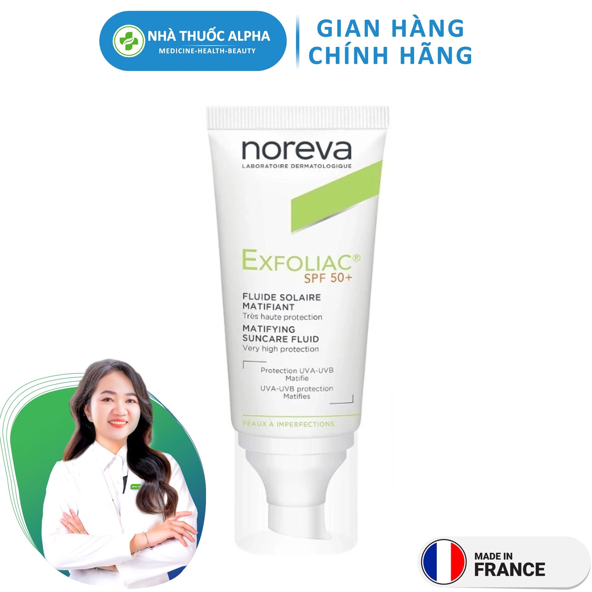 Kem chống nắng cho da nhờn mụn, nhảy cảm Noreva Exfoliac Suncare Fluid SPF50+ 40ml