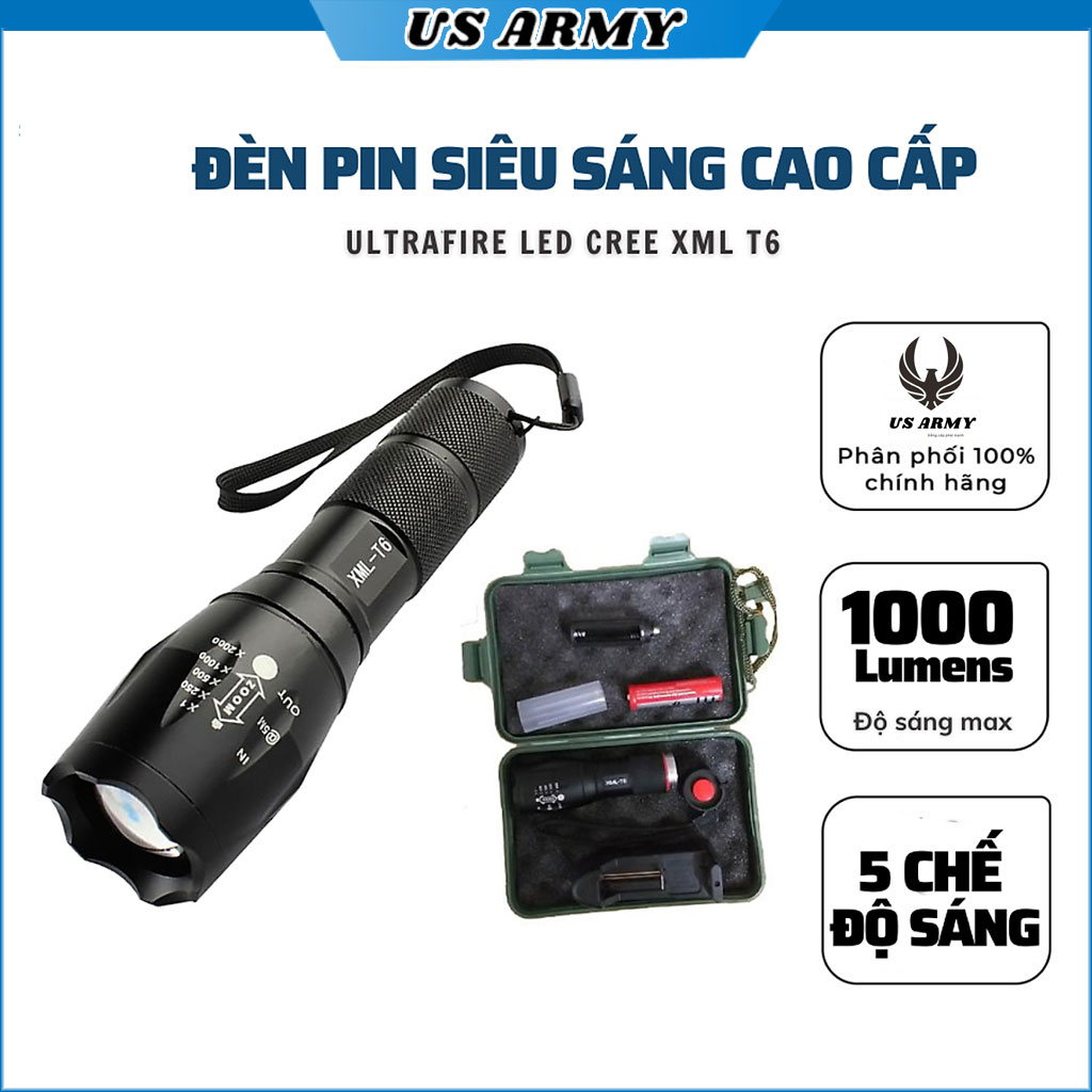 Đèn Pin Siêu Sáng US ARMY Mã XML-T6 Cao Cấp Vỏ Hợp Kim Chống Nước Sử Dụng Pin Có Thể Sạc Lại Tặng Hộp Full Box- HÀNG CHÍNH HÃNG