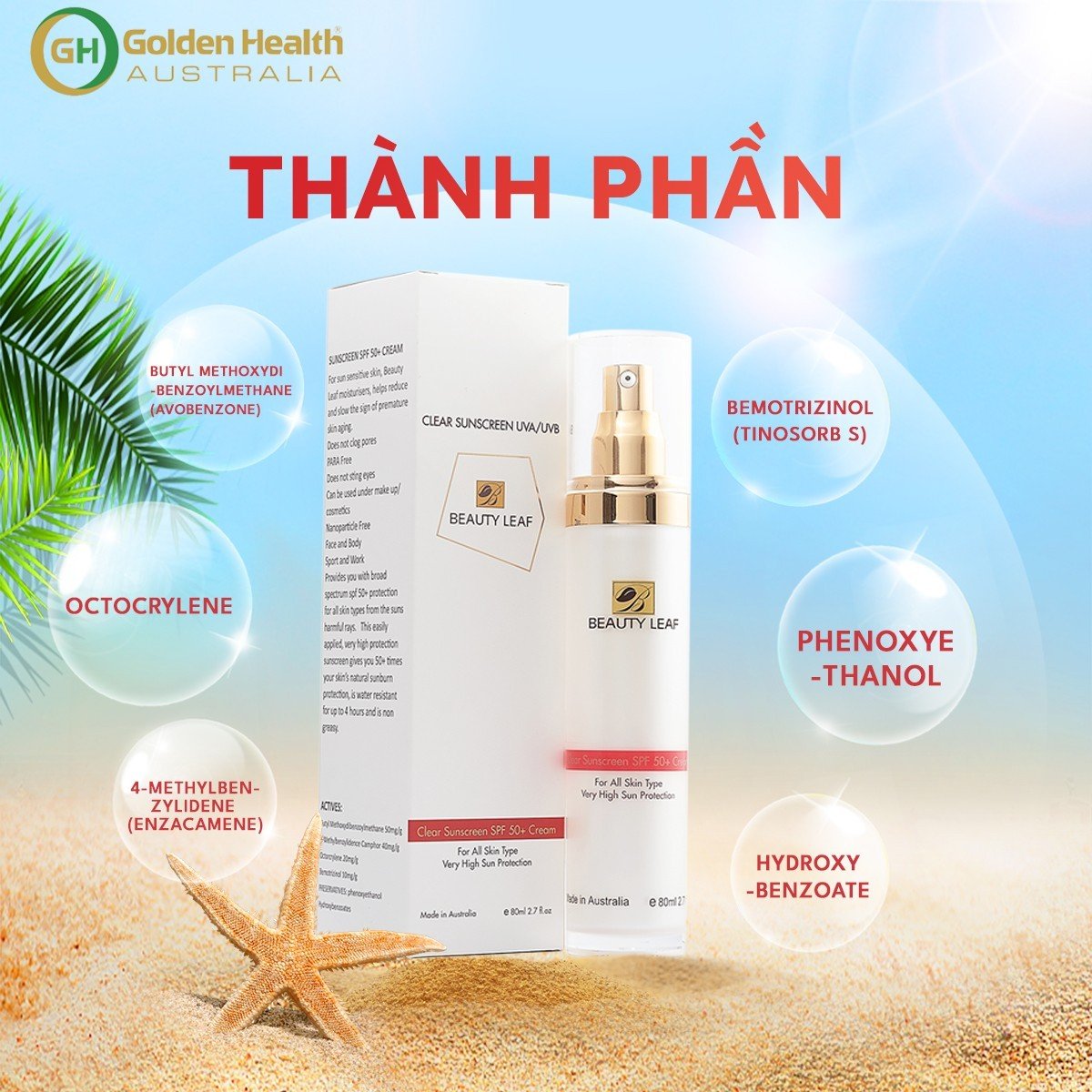 [GOLDEN HEALTH] Kem Chống Nắng Dưỡng Trắng Da, Kháng Nước Beauty Leaf Clear Sunscreen UVA/UVB SPF 50+ (Chai 80ml)